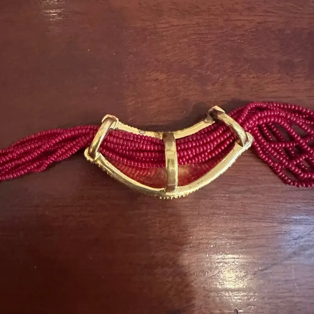 Bollywood Red Beaded Gold Plated Necklace Nepali Mali Wedding Costume Jewelry